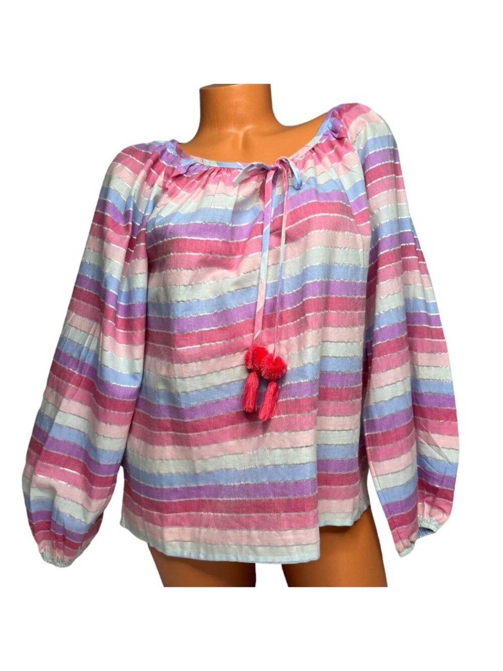 J.CREW Candy Stripe Peasant Top Womens Multicolor Metallic Tassels Blouse Size S